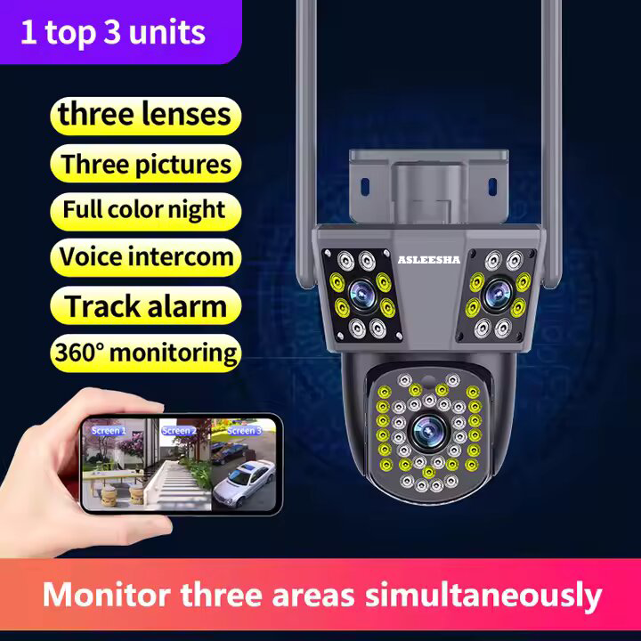 Asleesha-New_PTZ-wifi-triple-camera_outdoor-camera-ip-waterproof-night-vision.png Triple Lens WIFI CCTV Camera - Image 2
